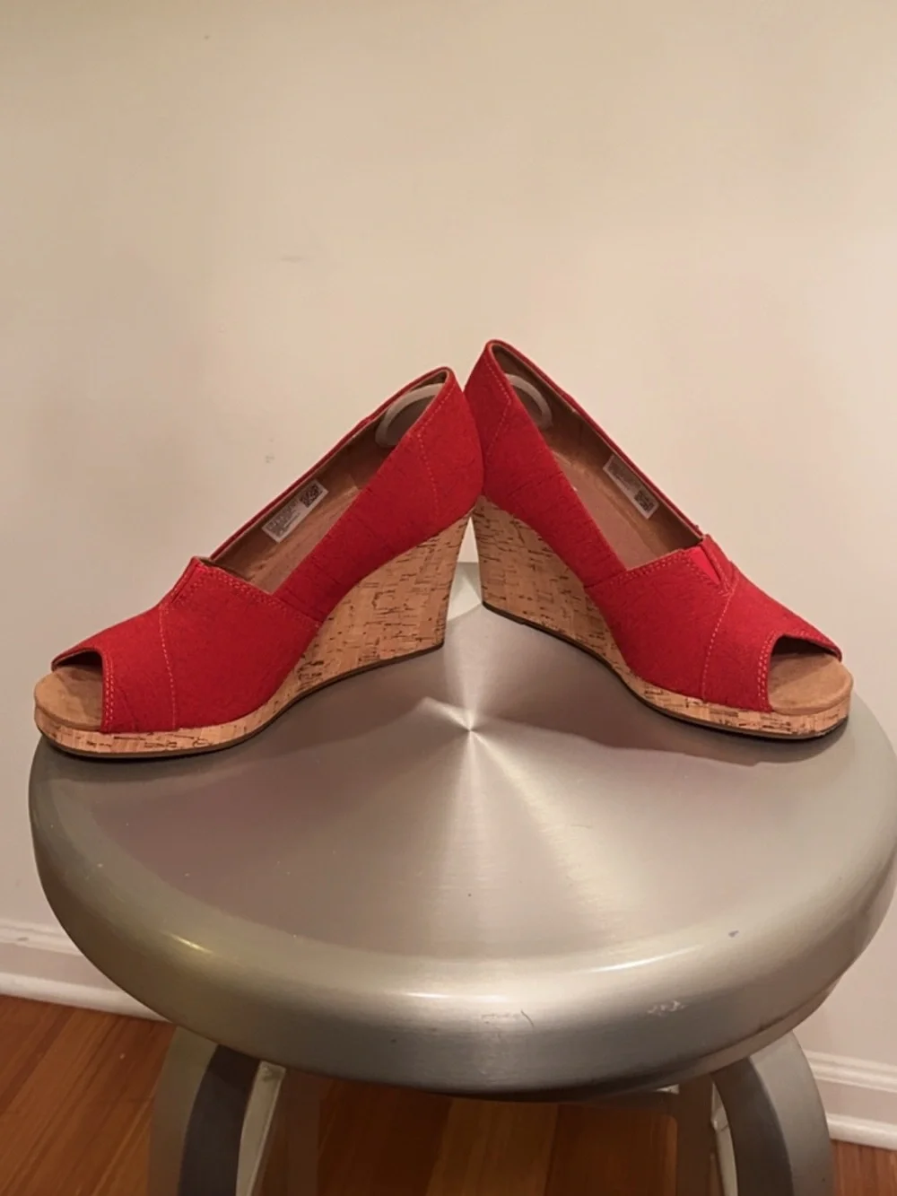 TOMS Red Peep Toe Cork Wedge Heels Women’s Size 7